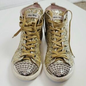 Miu Miu Gold Glitter Studded Sneakers